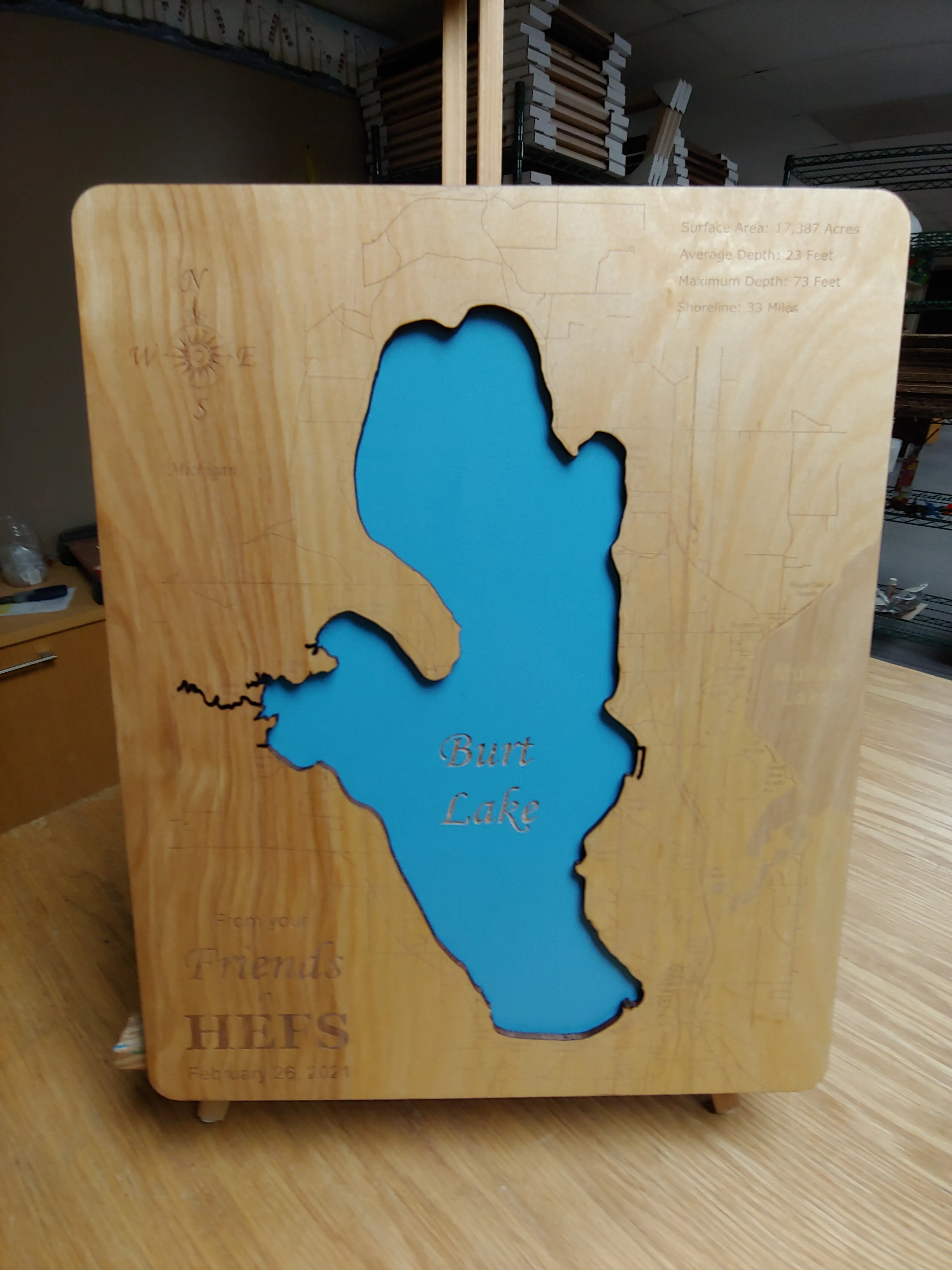 Burt Lake, Michigan - Laser Cut Wood Map