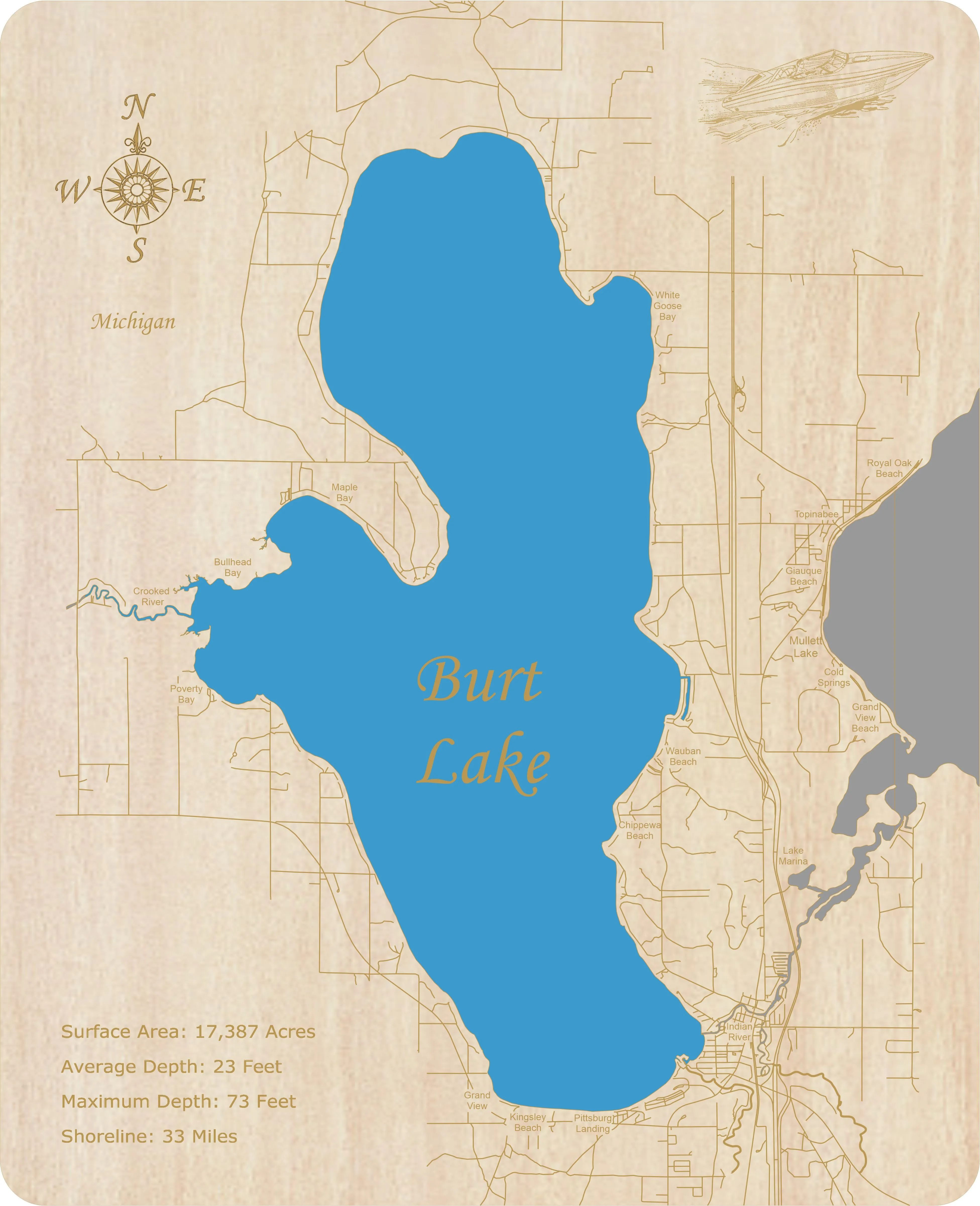Burt Lake, Michigan - Laser Cut Wood Map