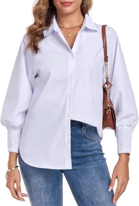 Button Down Shirts Striped Puff Long Sleeve Oversized Blouses Boyfriend Loose Tunics Collar Top