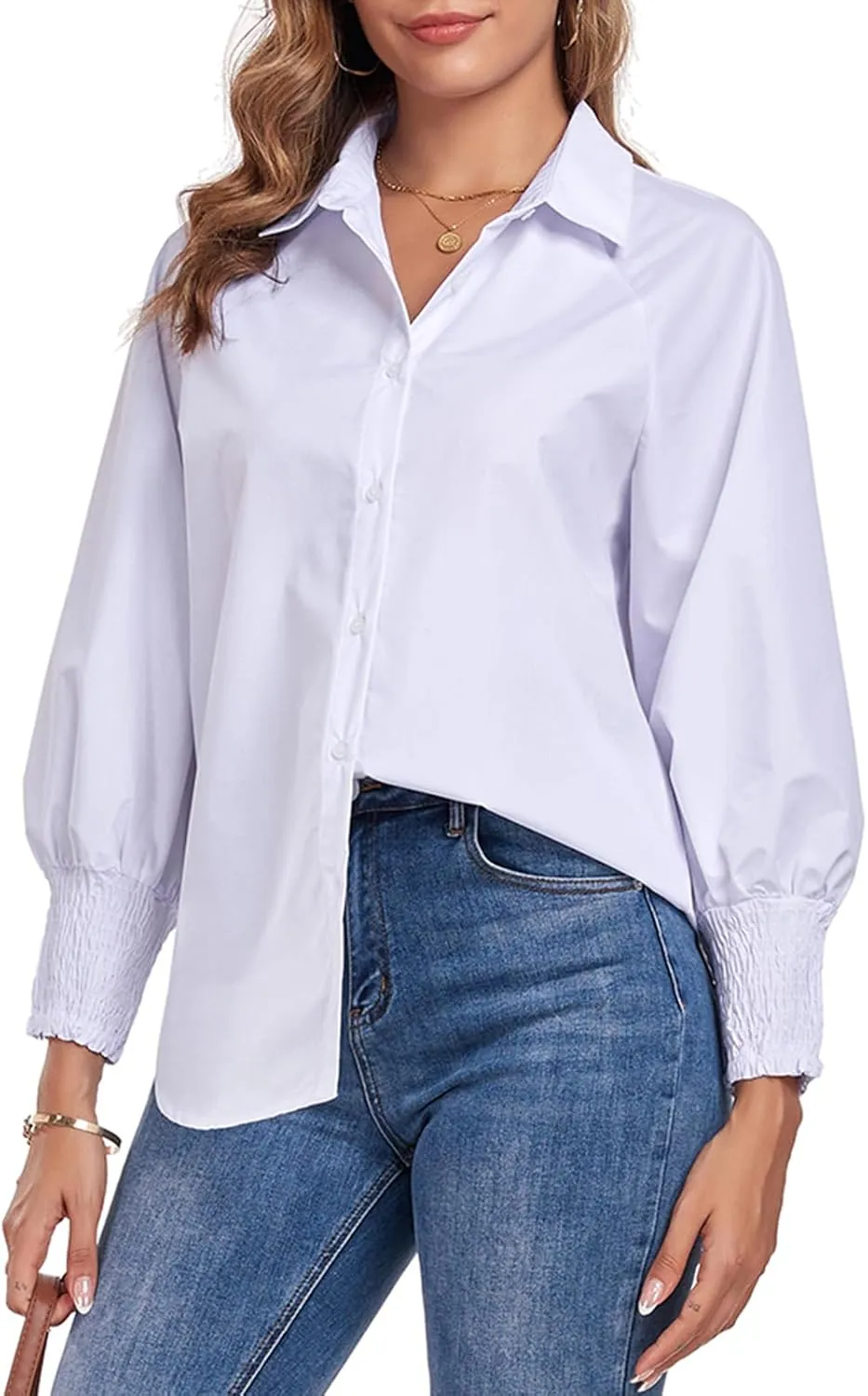 Button Down Shirts Striped Puff Long Sleeve Oversized Blouses Boyfriend Loose Tunics Collar Top