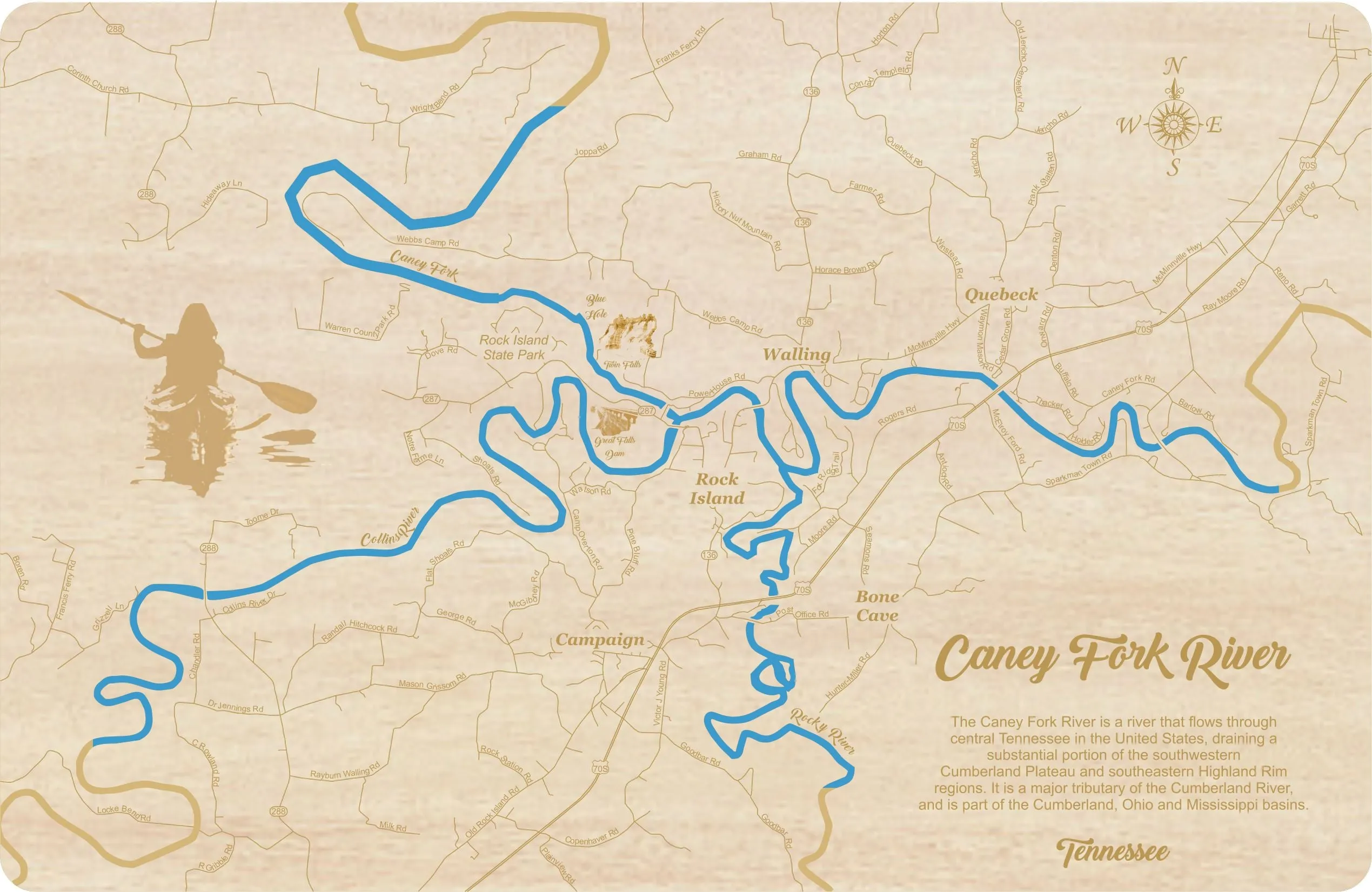 Caney Fork River, TN - Laser Cut Wood Map