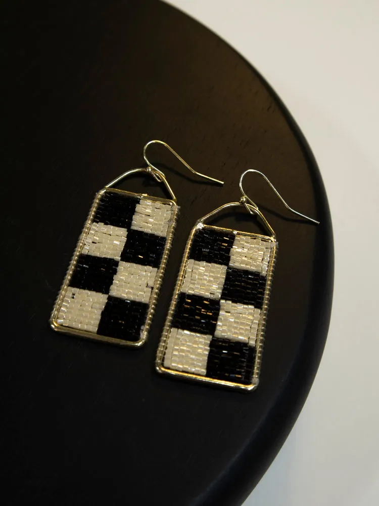 Checker Beaded Earrings - Black