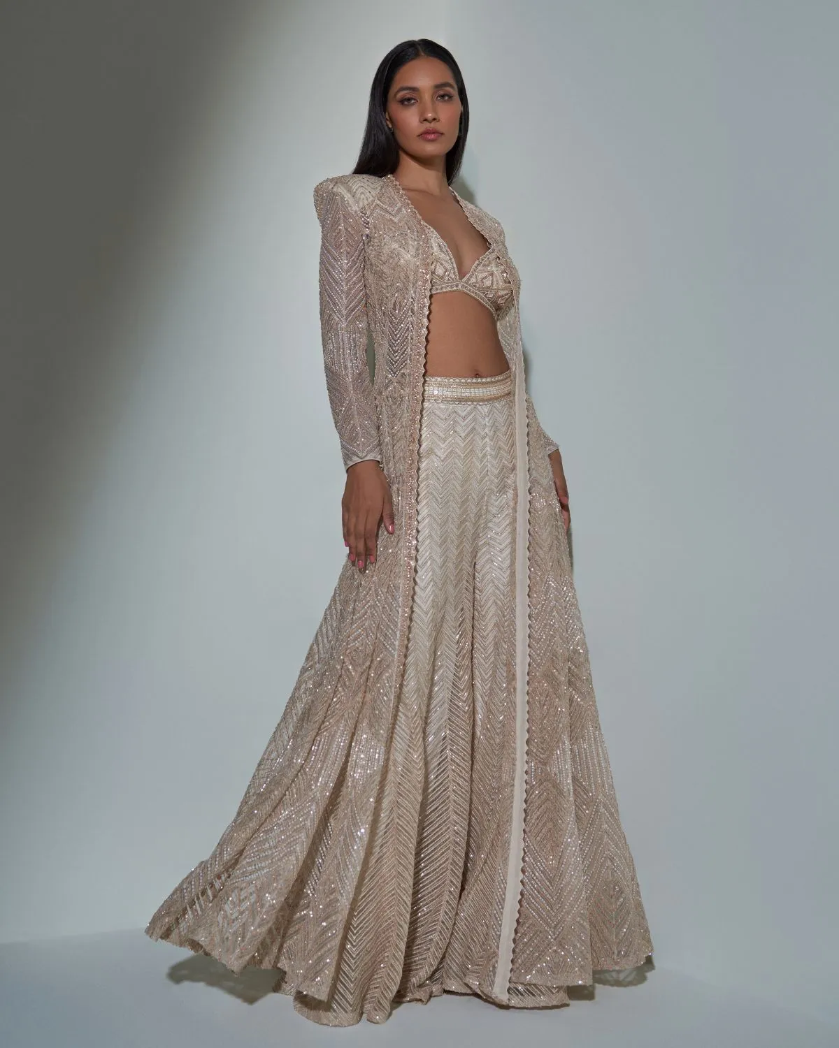 Chrome Gold Embroidered Jacket And Sharara Set