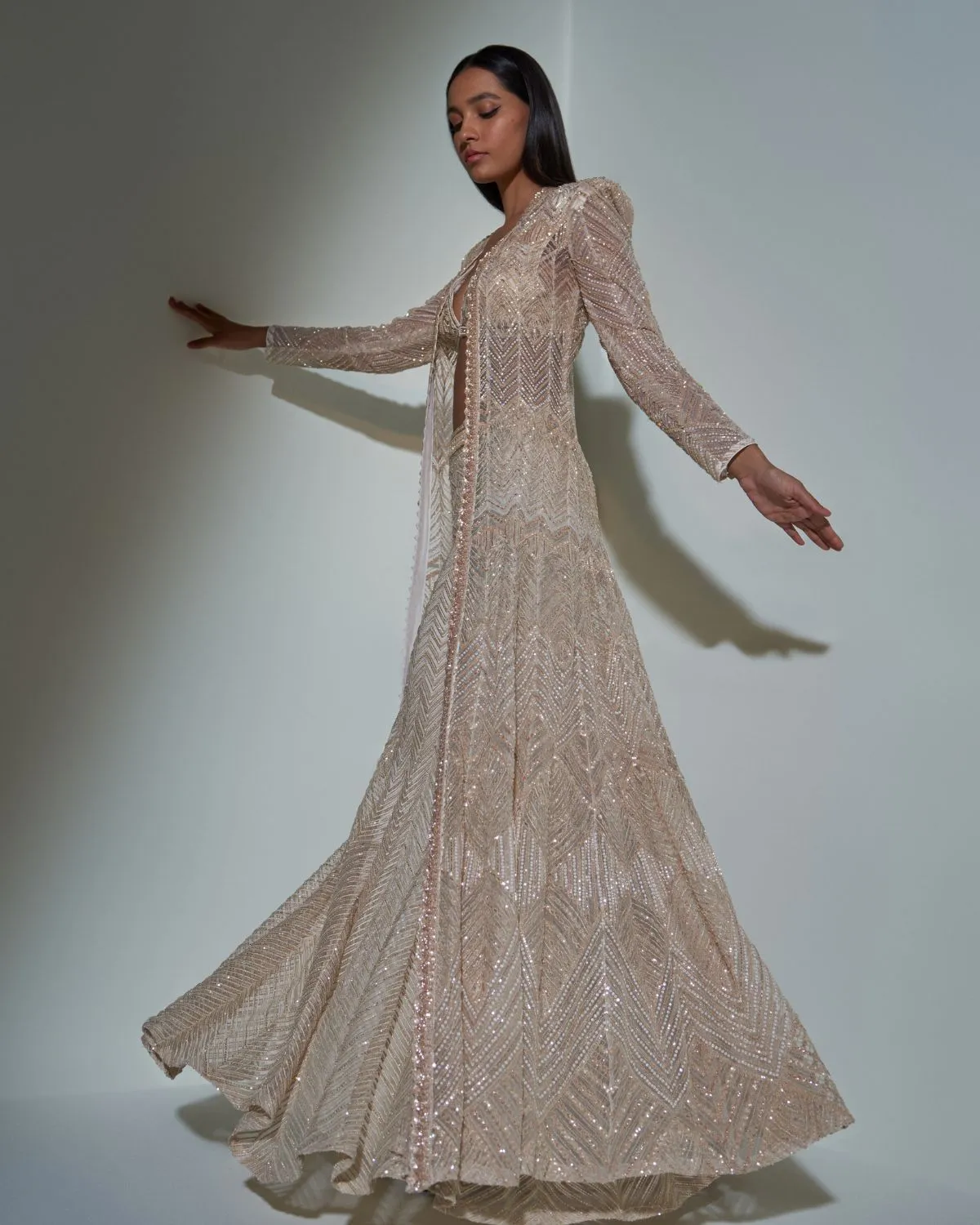 Chrome Gold Embroidered Jacket And Sharara Set