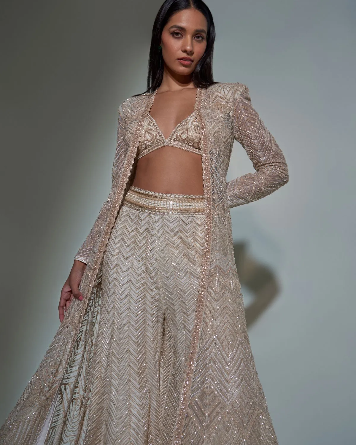 Chrome Gold Embroidered Jacket And Sharara Set