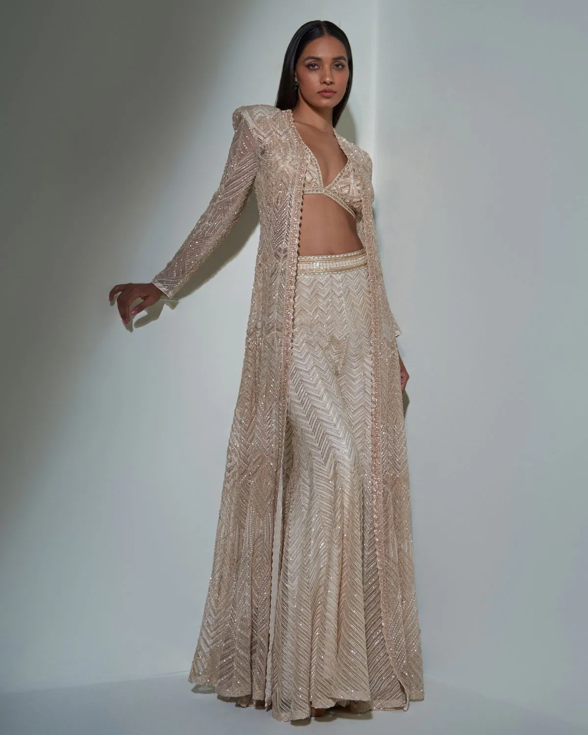 Chrome Gold Embroidered Jacket And Sharara Set