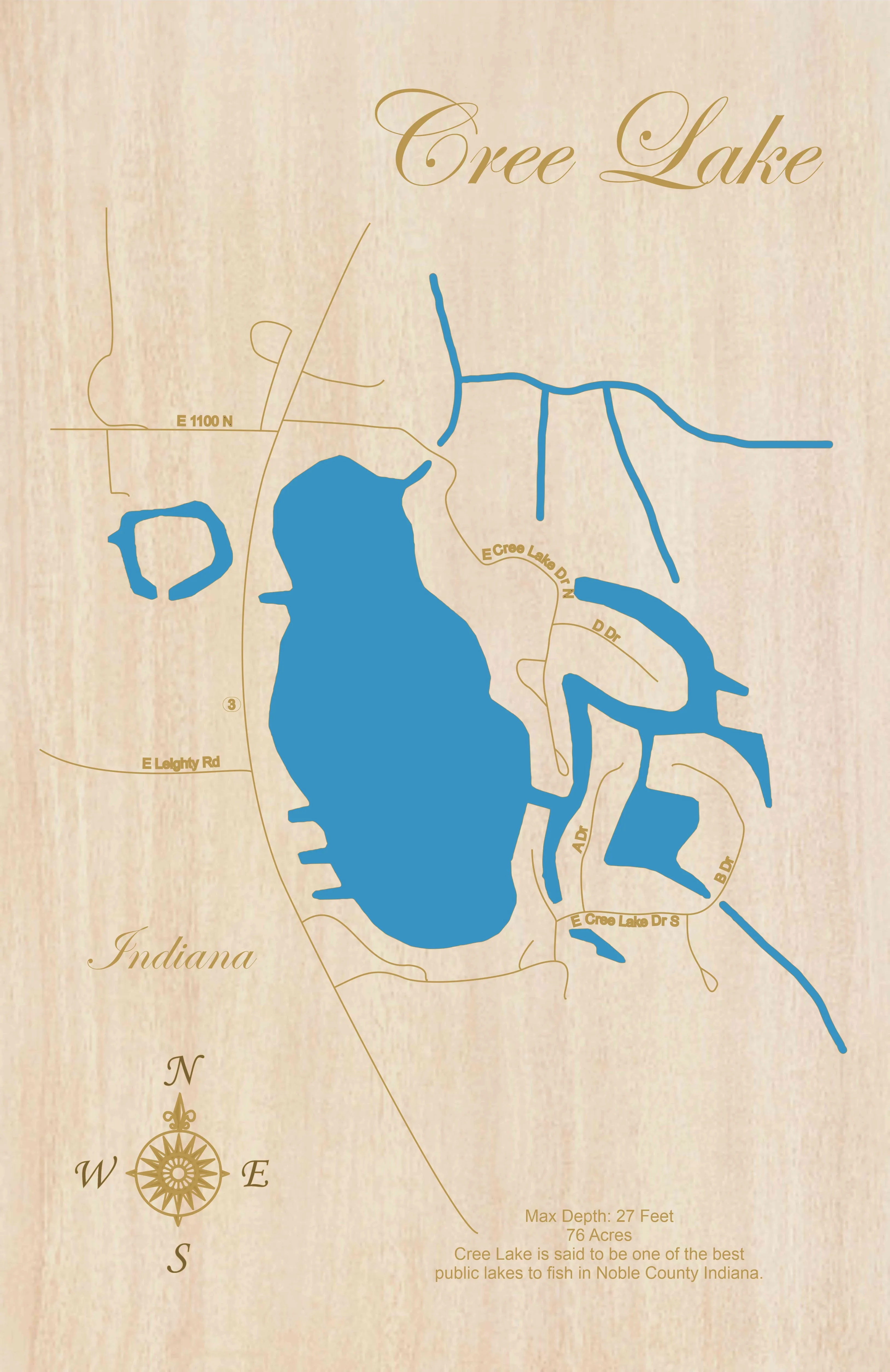 Cree Lake, Indiana - Laser Cut Wood Map