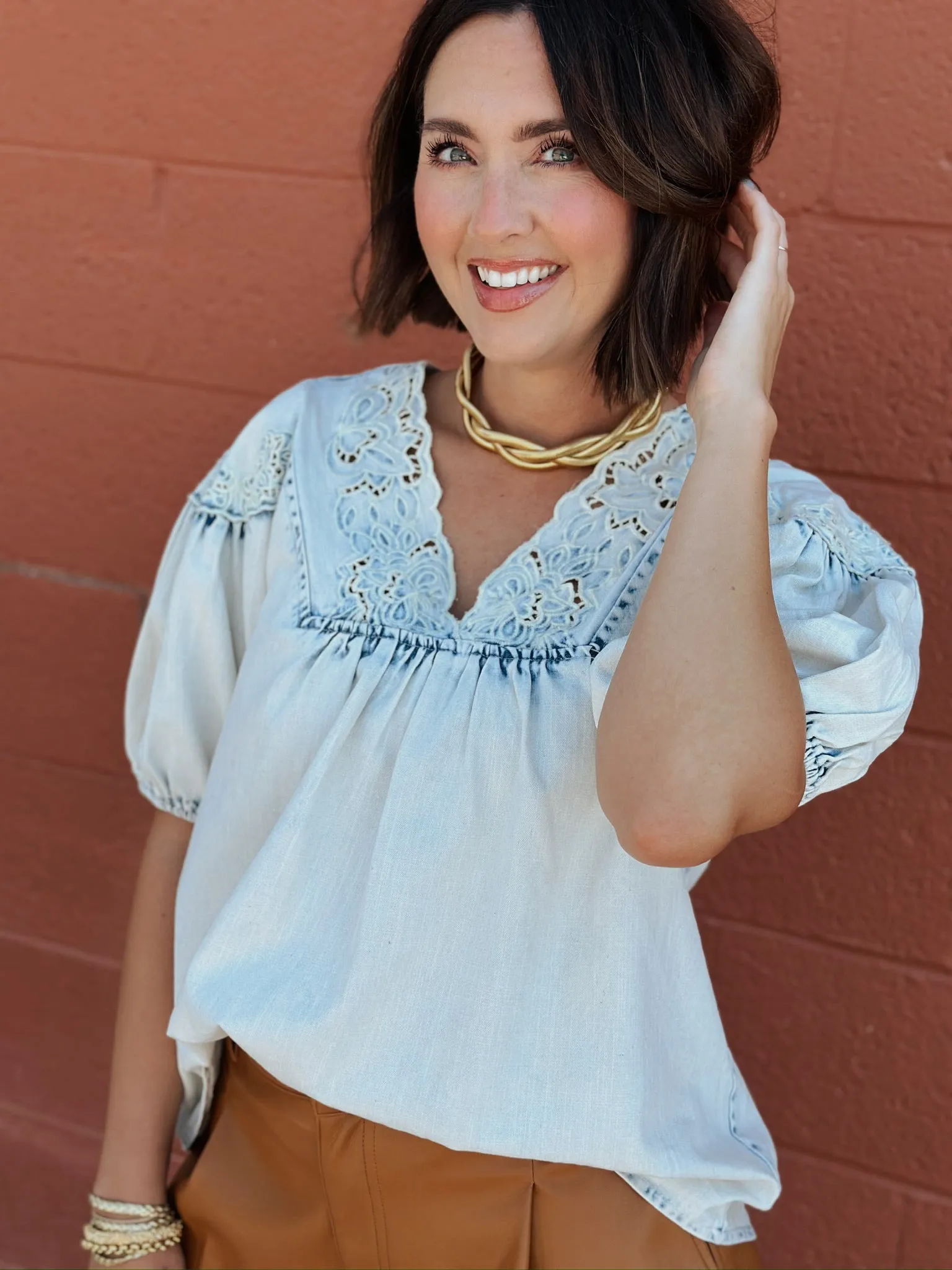 Denim Floral Embroidered Top - Vintage Blue