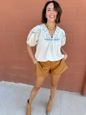 Denim Floral Embroidered Top - Vintage Blue