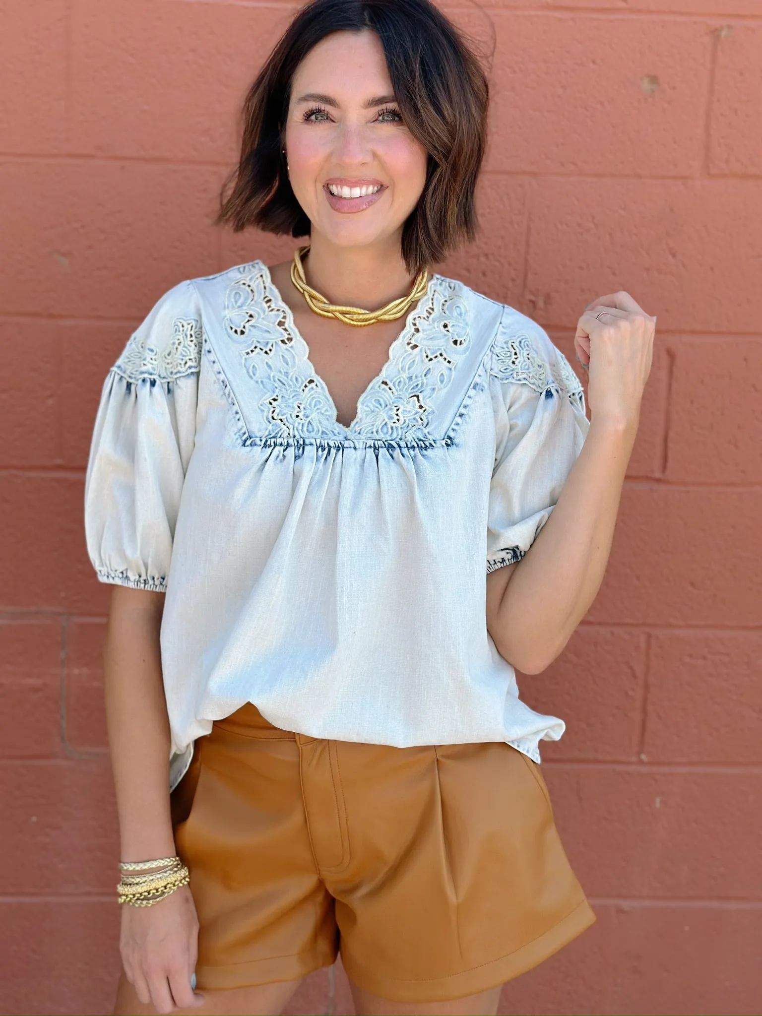 Denim Floral Embroidered Top - Vintage Blue