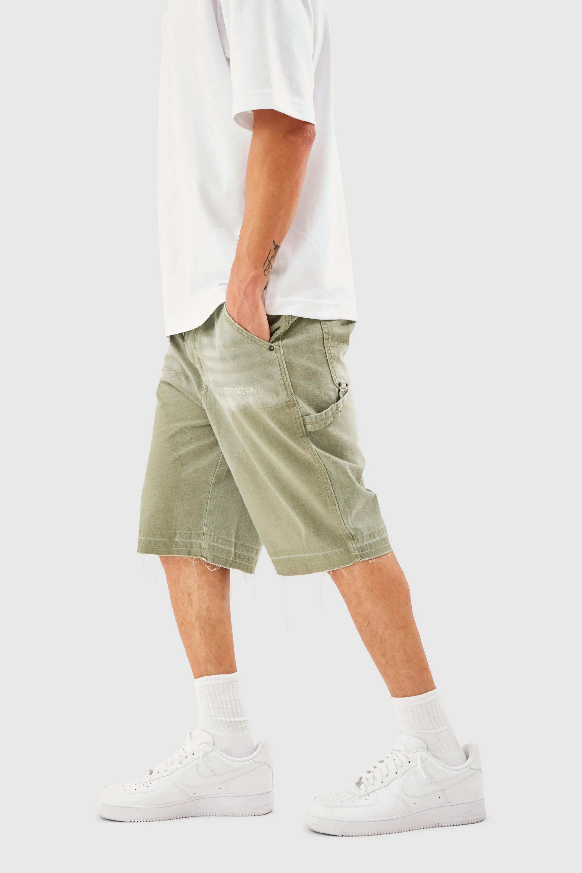 DISTRESSED DENIM SHORT - KHAKI