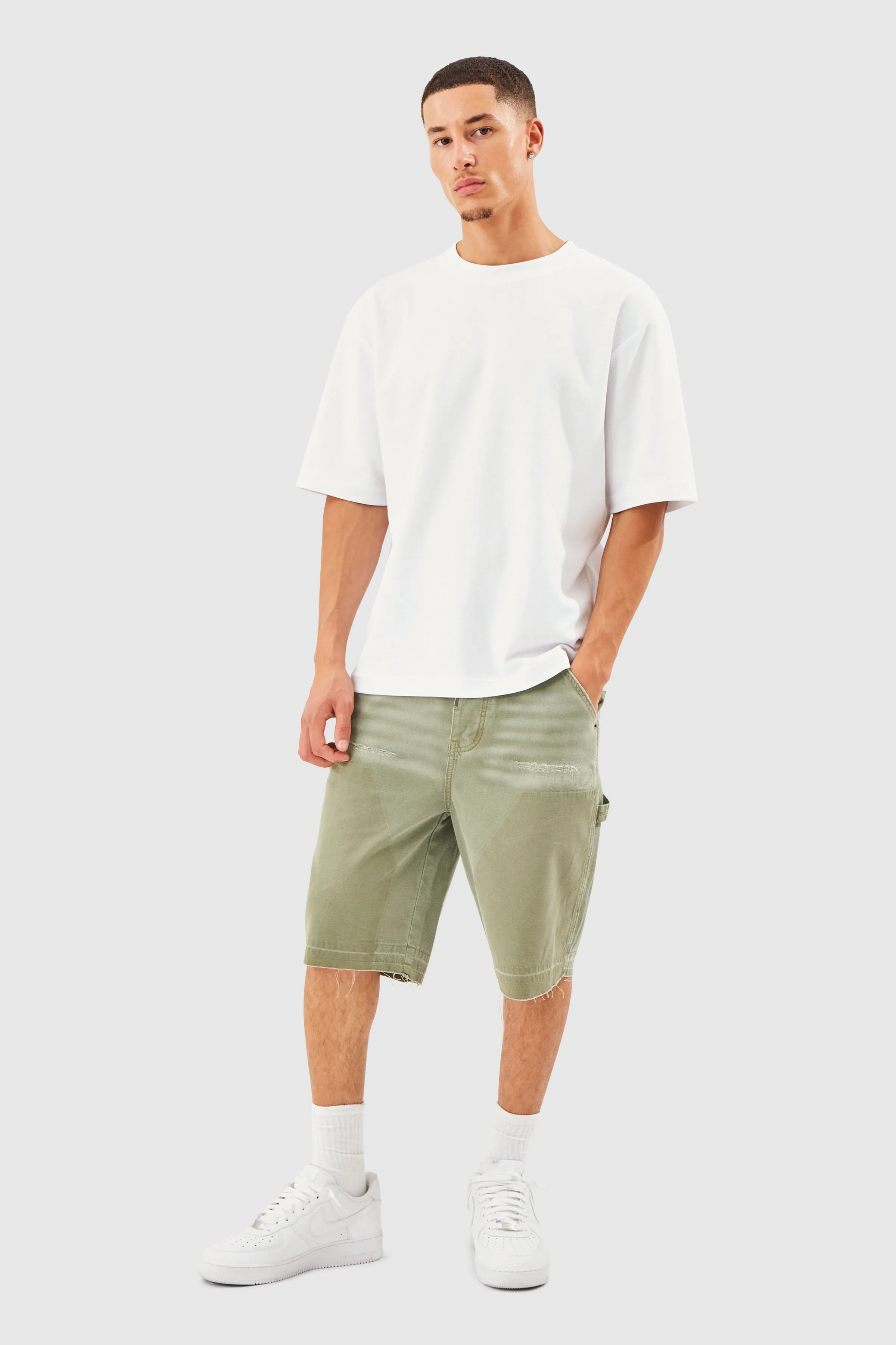 DISTRESSED DENIM SHORT - KHAKI