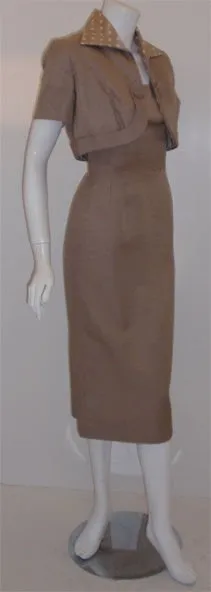 DON LOPER 1950s Taupe Silk Dress, Polka Dot Lined Jacket