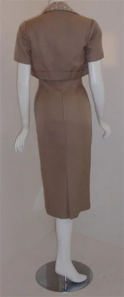 DON LOPER 1950s Taupe Silk Dress, Polka Dot Lined Jacket