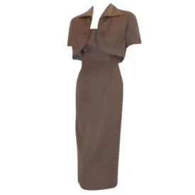 DON LOPER 1950s Taupe Silk Dress, Polka Dot Lined Jacket