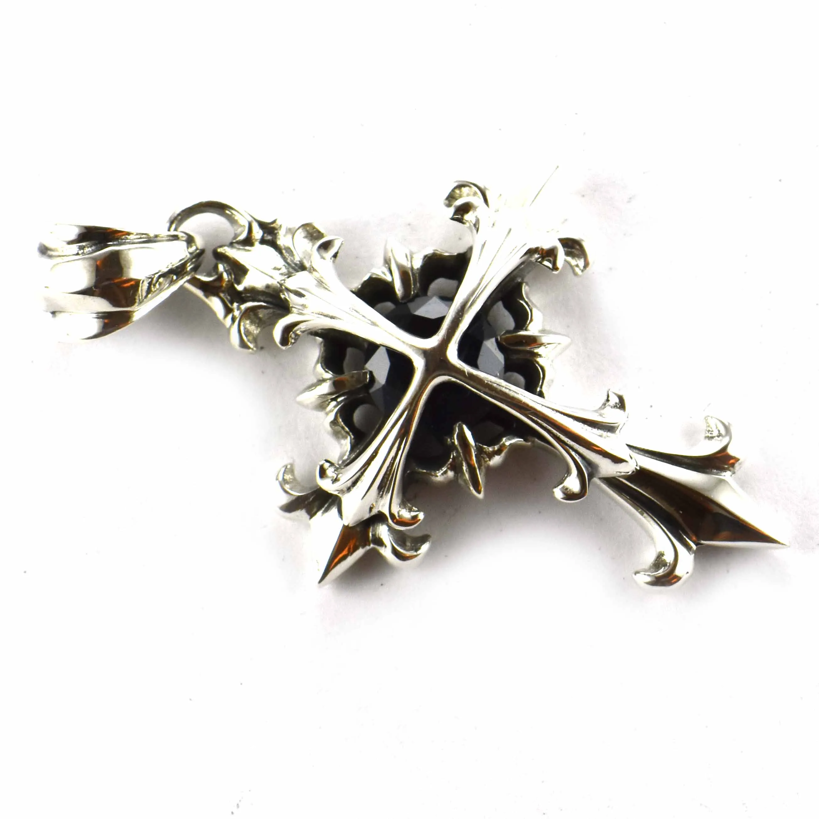Double cross silver pendant with dark blue CZ