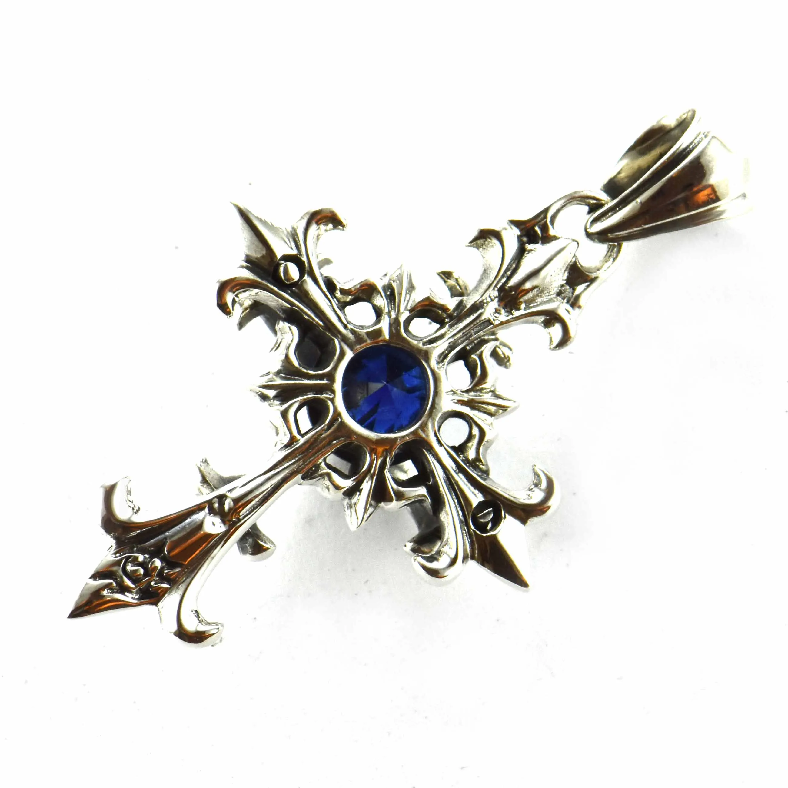 Double cross silver pendant with dark blue CZ