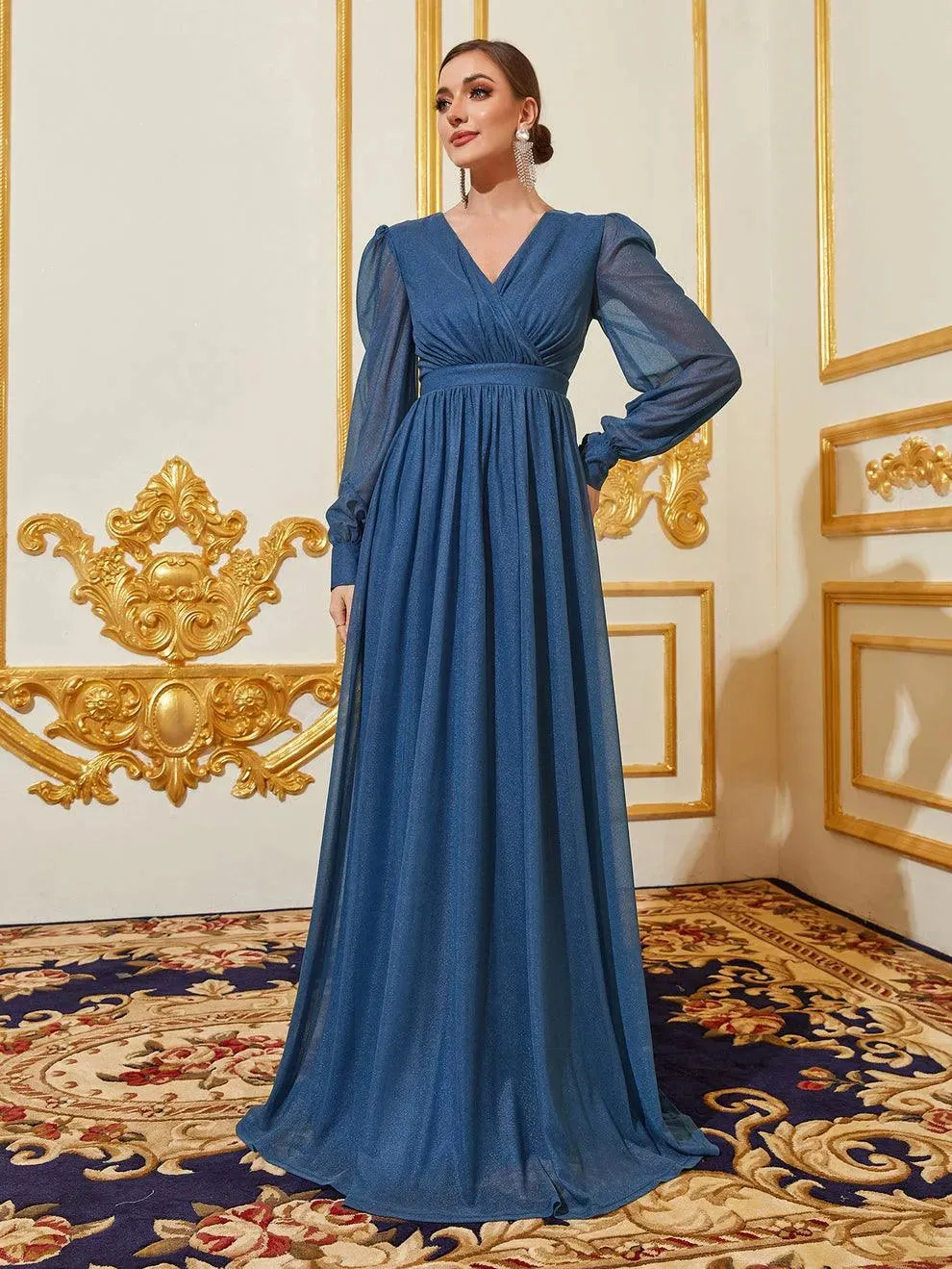 Elegant V Neck Lantern Sleeves Maxi A Line Dress