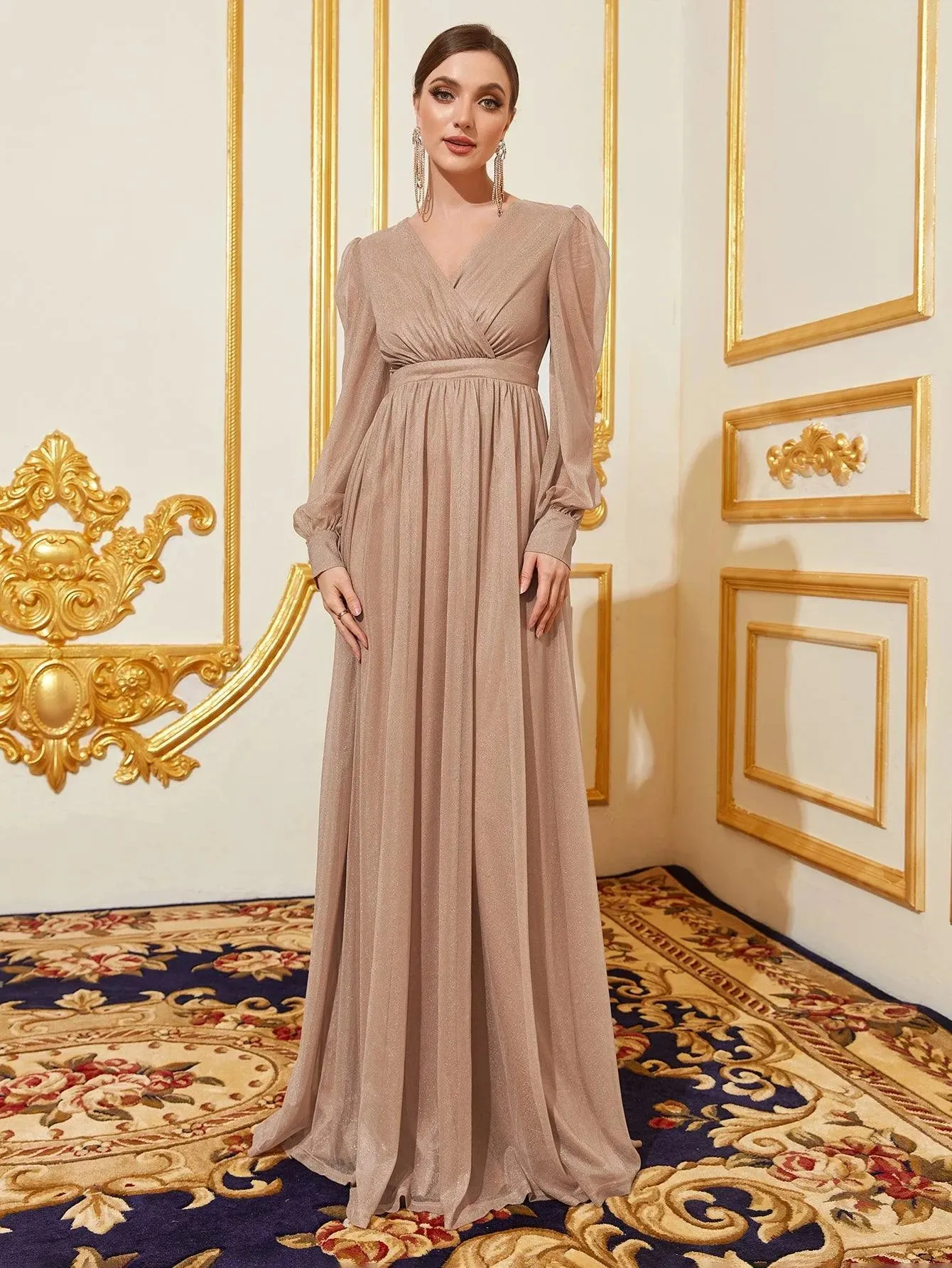 Elegant V Neck Lantern Sleeves Maxi A Line Dress
