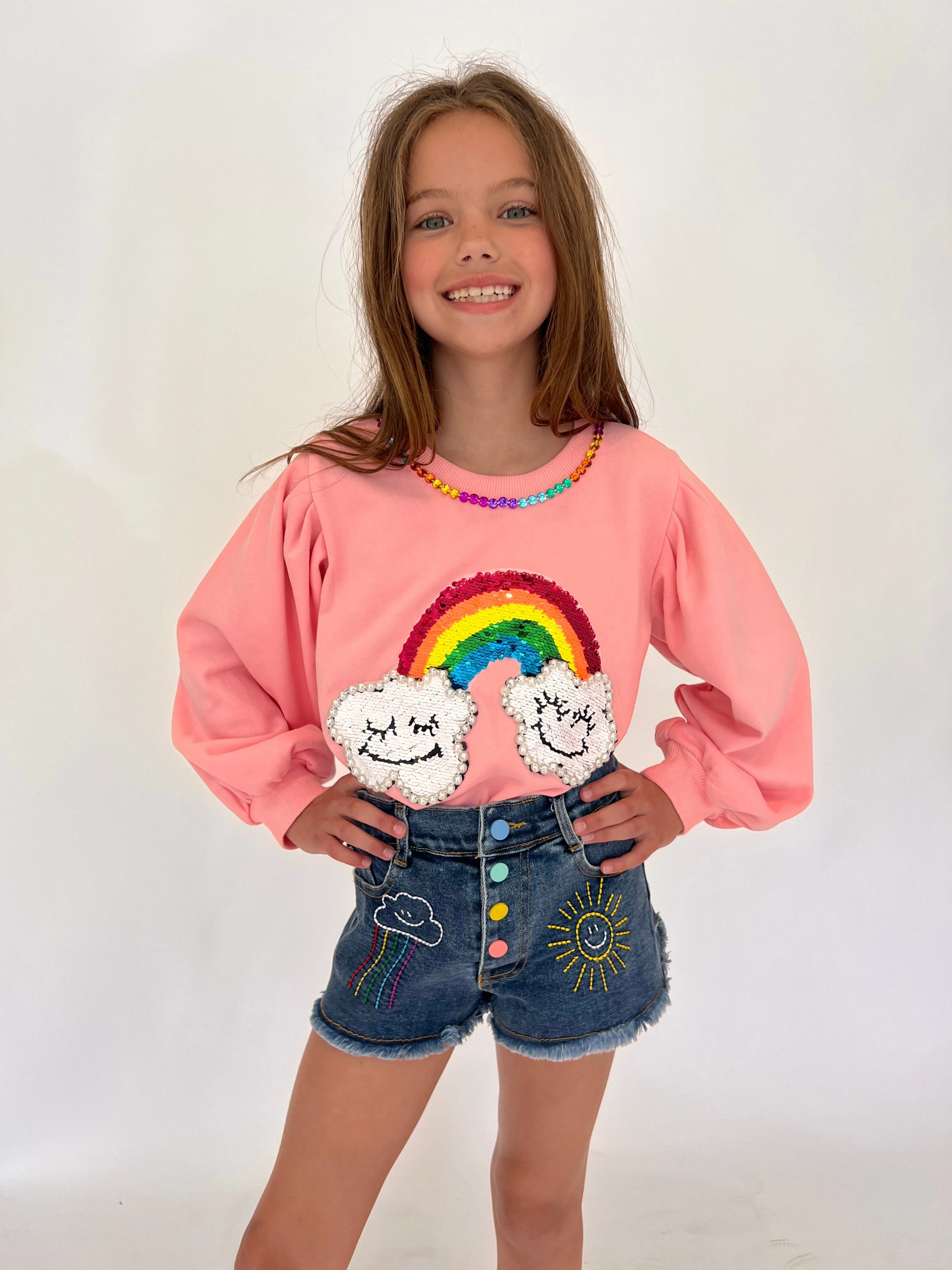 Embroidered Rainbow Denim Shorts