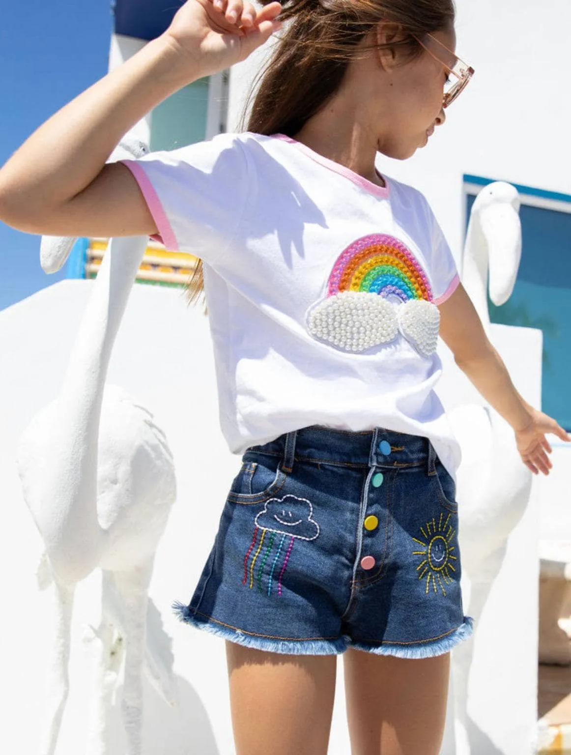 Embroidered Rainbow Denim Shorts