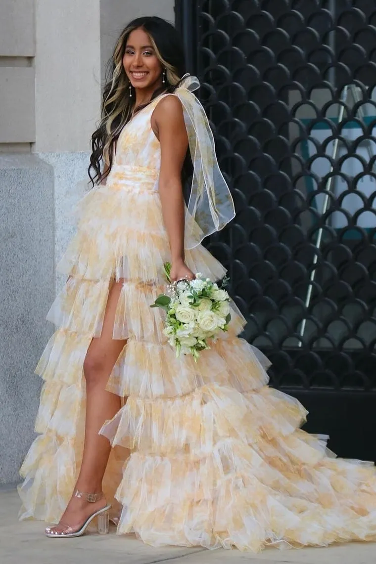 Fairy A Line V-Neck Coral Floral Print Layered Tulle Long Prom Dress with Slit
