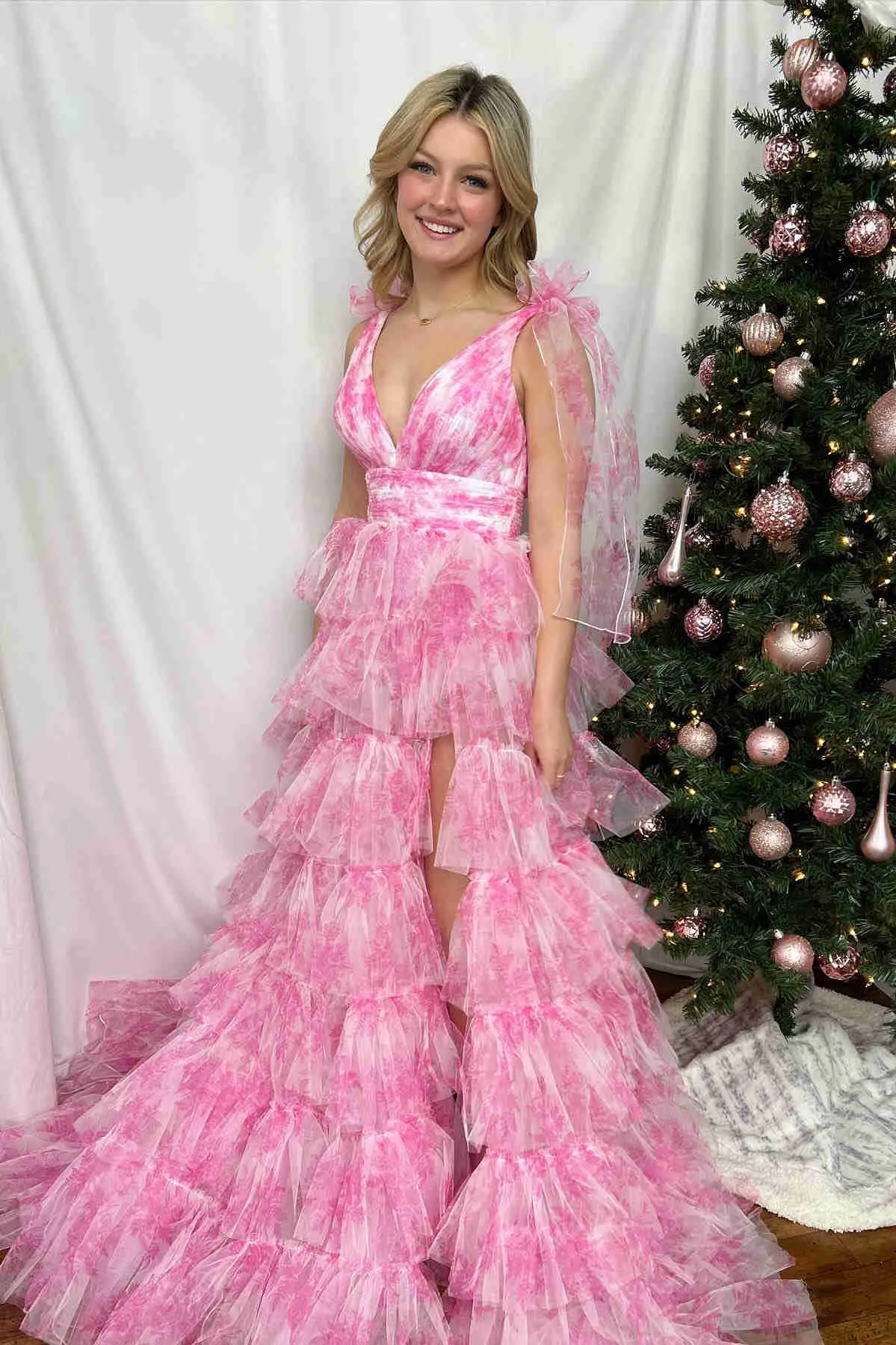 Fairy A Line V-Neck Coral Floral Print Layered Tulle Long Prom Dress with Slit