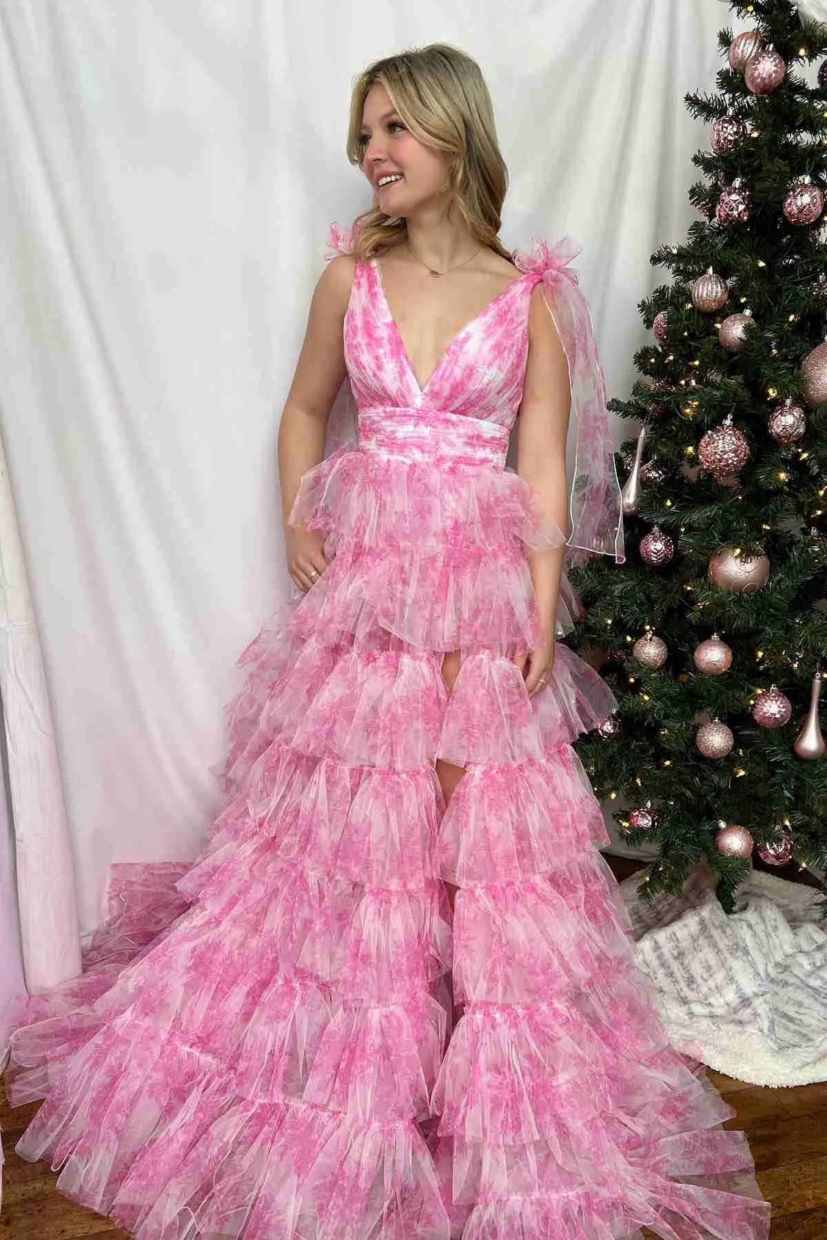 Fairy A Line V-Neck Coral Floral Print Layered Tulle Long Prom Dress with Slit
