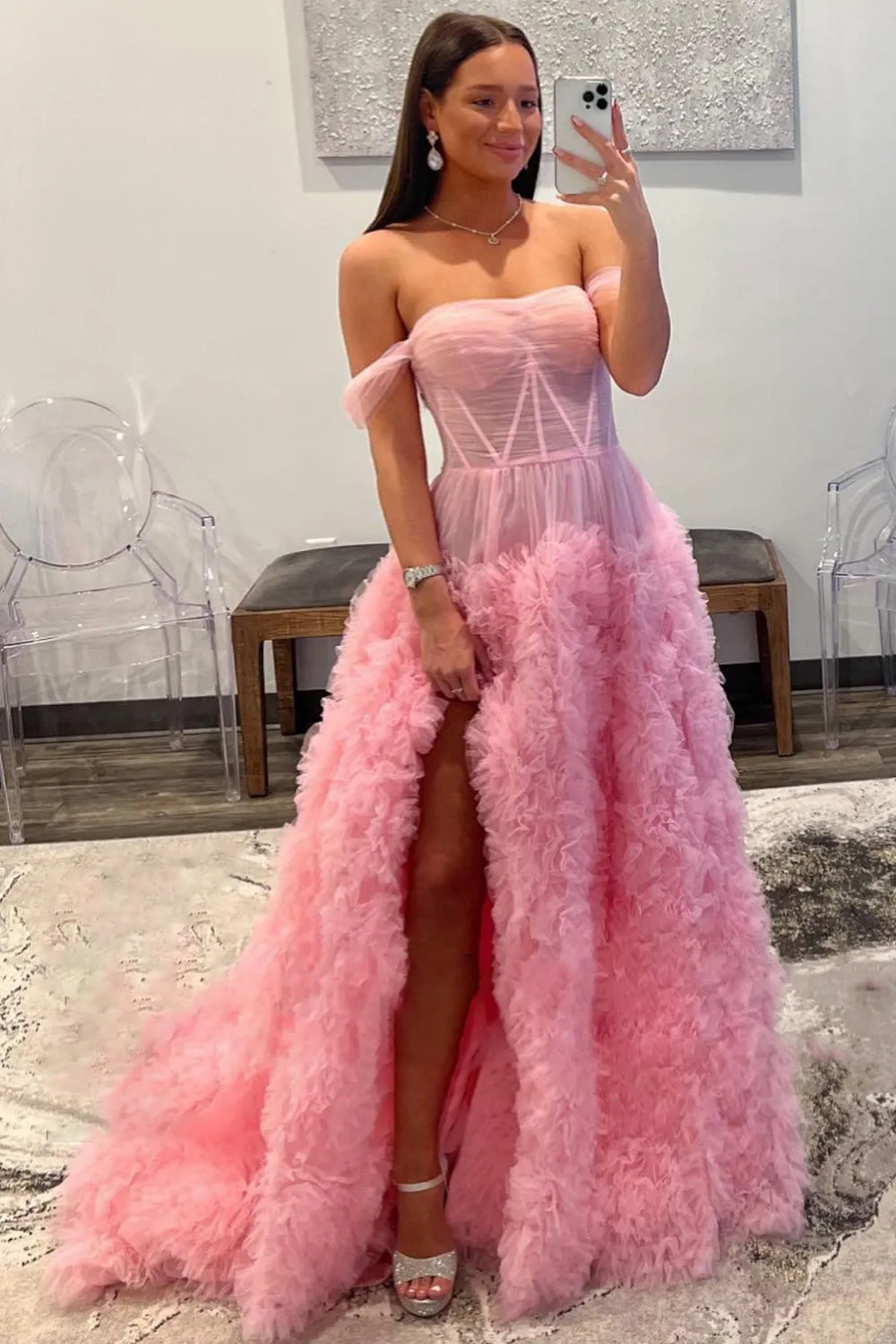 Fairy Ball Gown Off the Shoulder Pink Tiered Tulle Long Prom Dress