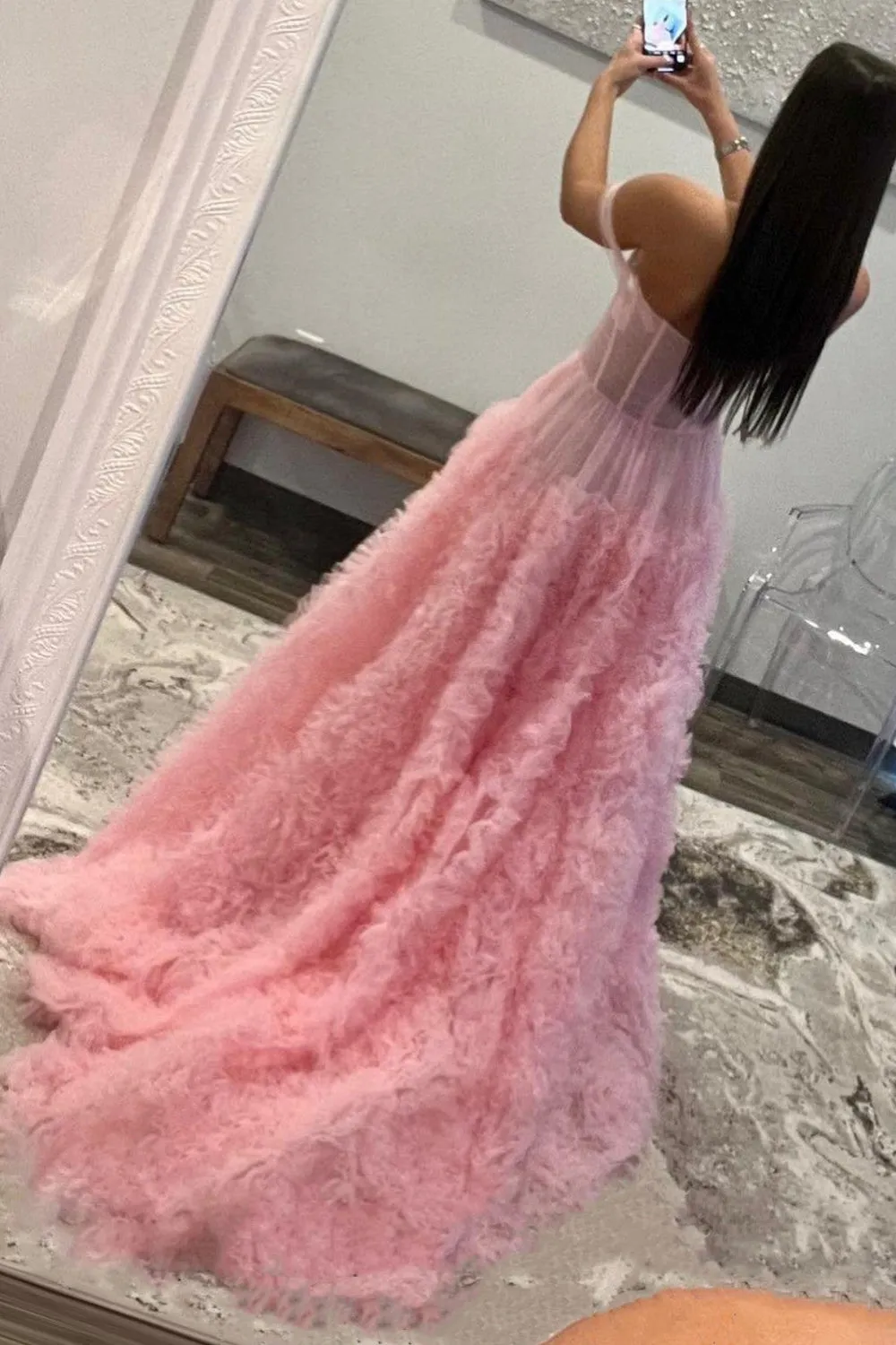 Fairy Ball Gown Off the Shoulder Pink Tiered Tulle Long Prom Dress