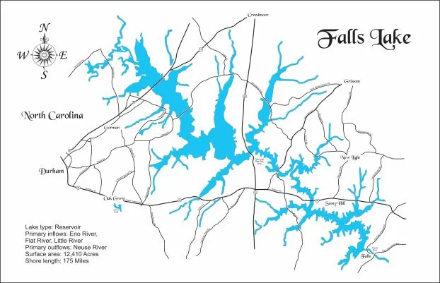 Falls Lake, NC - Laser Cut Wood Map