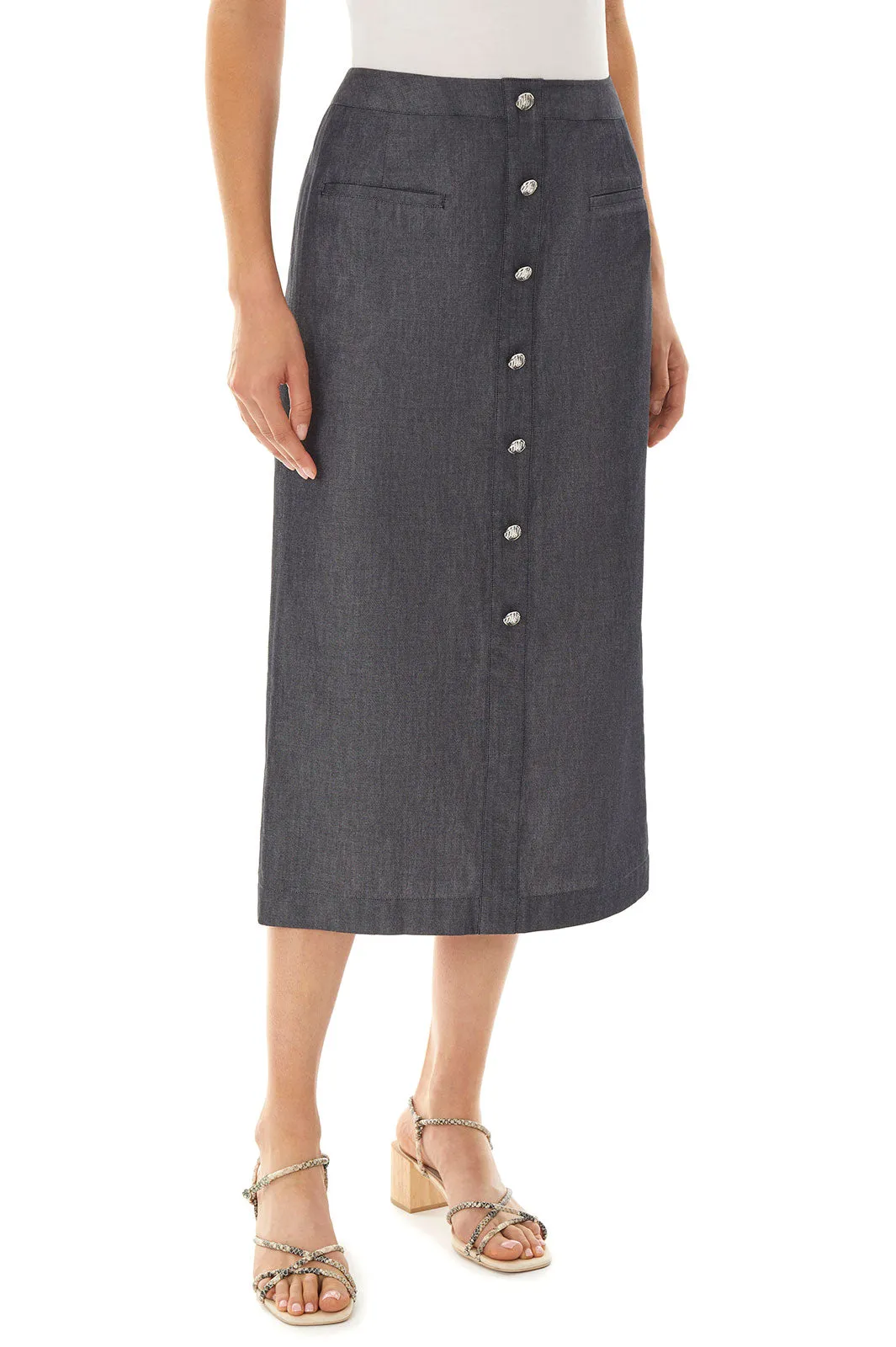 Faux Button Front Detail Slim Cotton Poplin Skirt