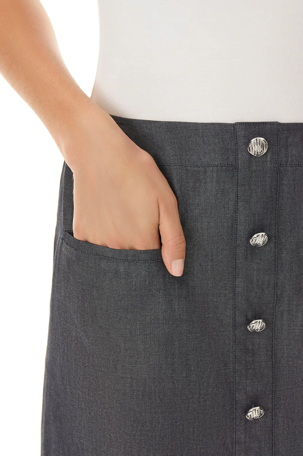 Faux Button Front Detail Slim Cotton Poplin Skirt
