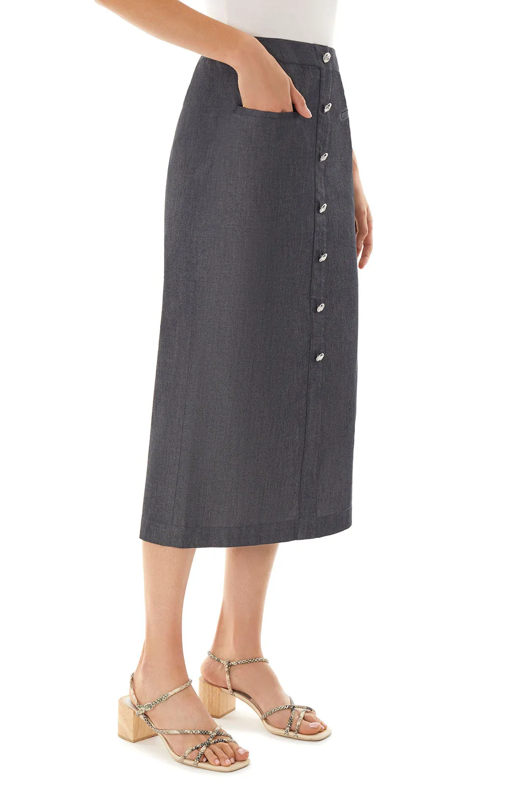 Faux Button Front Detail Slim Cotton Poplin Skirt