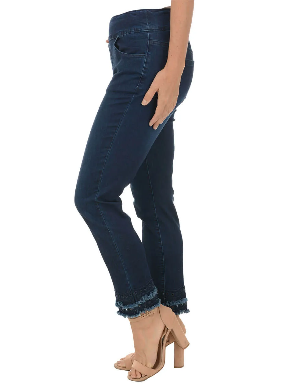 Fringe Scallop Embroidered Denim Ankle Pant