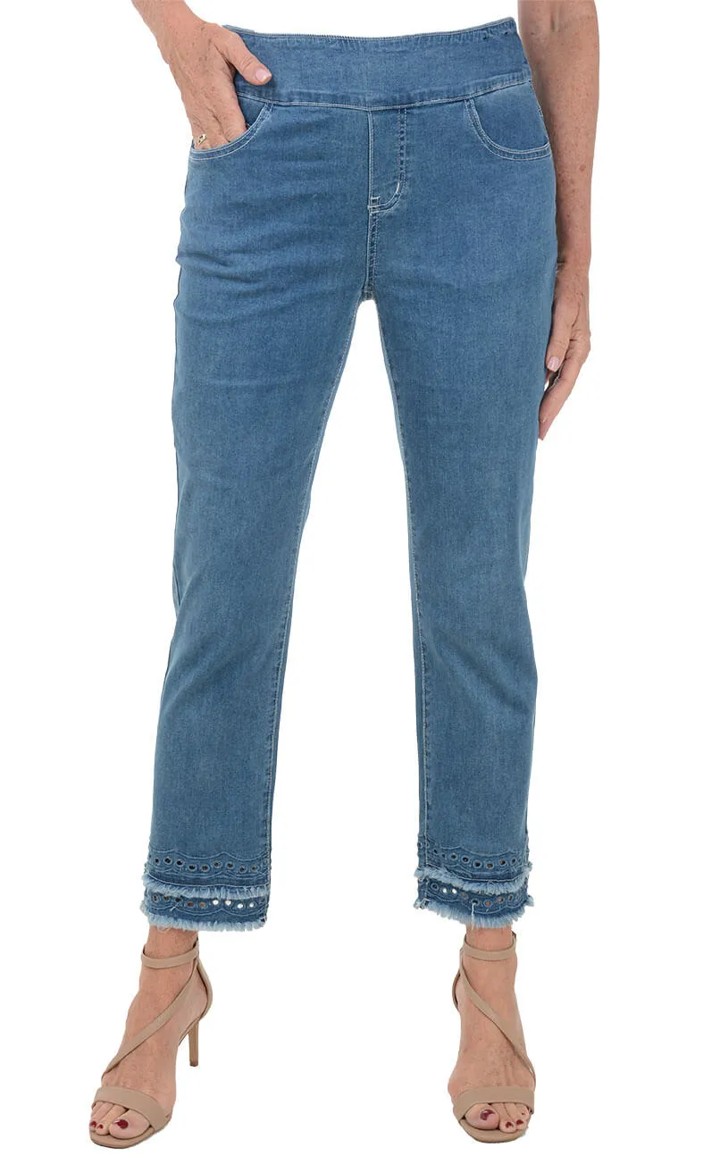 Fringe Scallop Embroidered Denim Ankle Pant