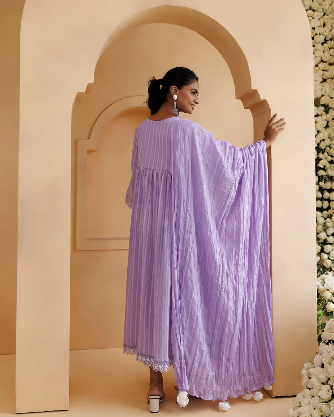 Ghazal Lavender Lino Mul Gathered Lace Suit Set