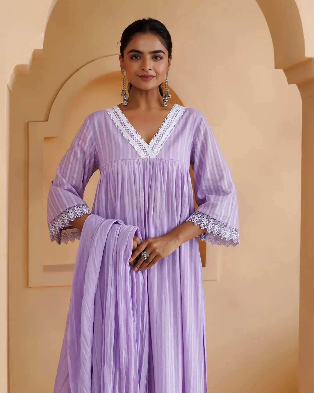 Ghazal Lavender Lino Mul Gathered Lace Suit Set