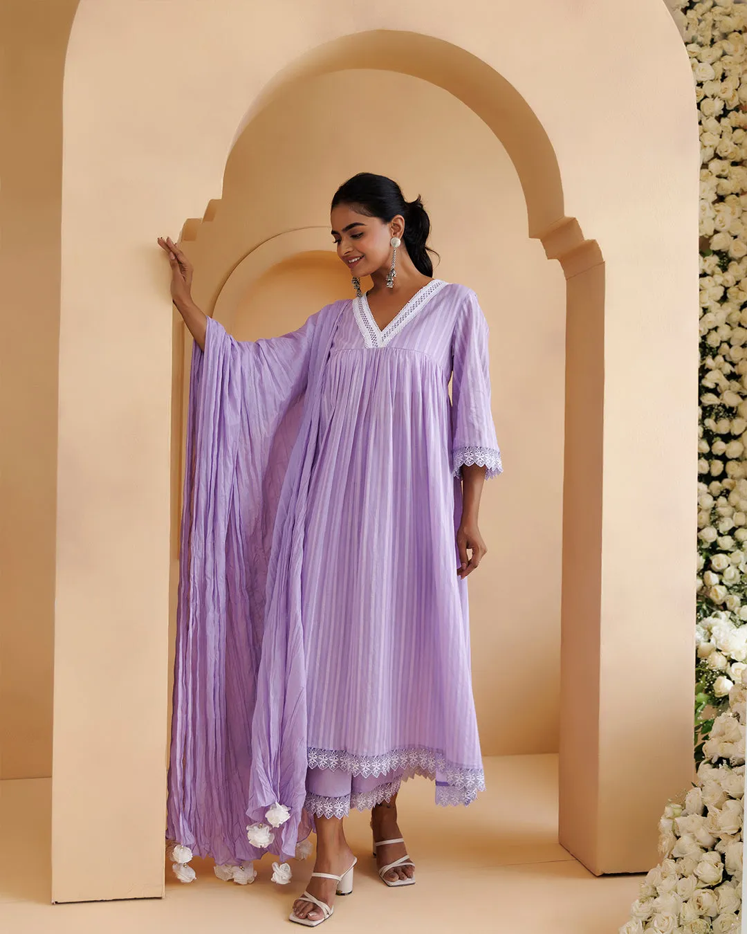 Ghazal Lavender Lino Mul Gathered Lace Suit Set