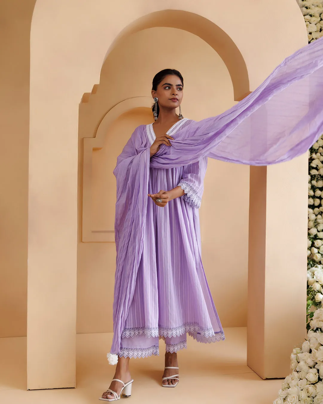 Ghazal Lavender Lino Mul Gathered Lace Suit Set