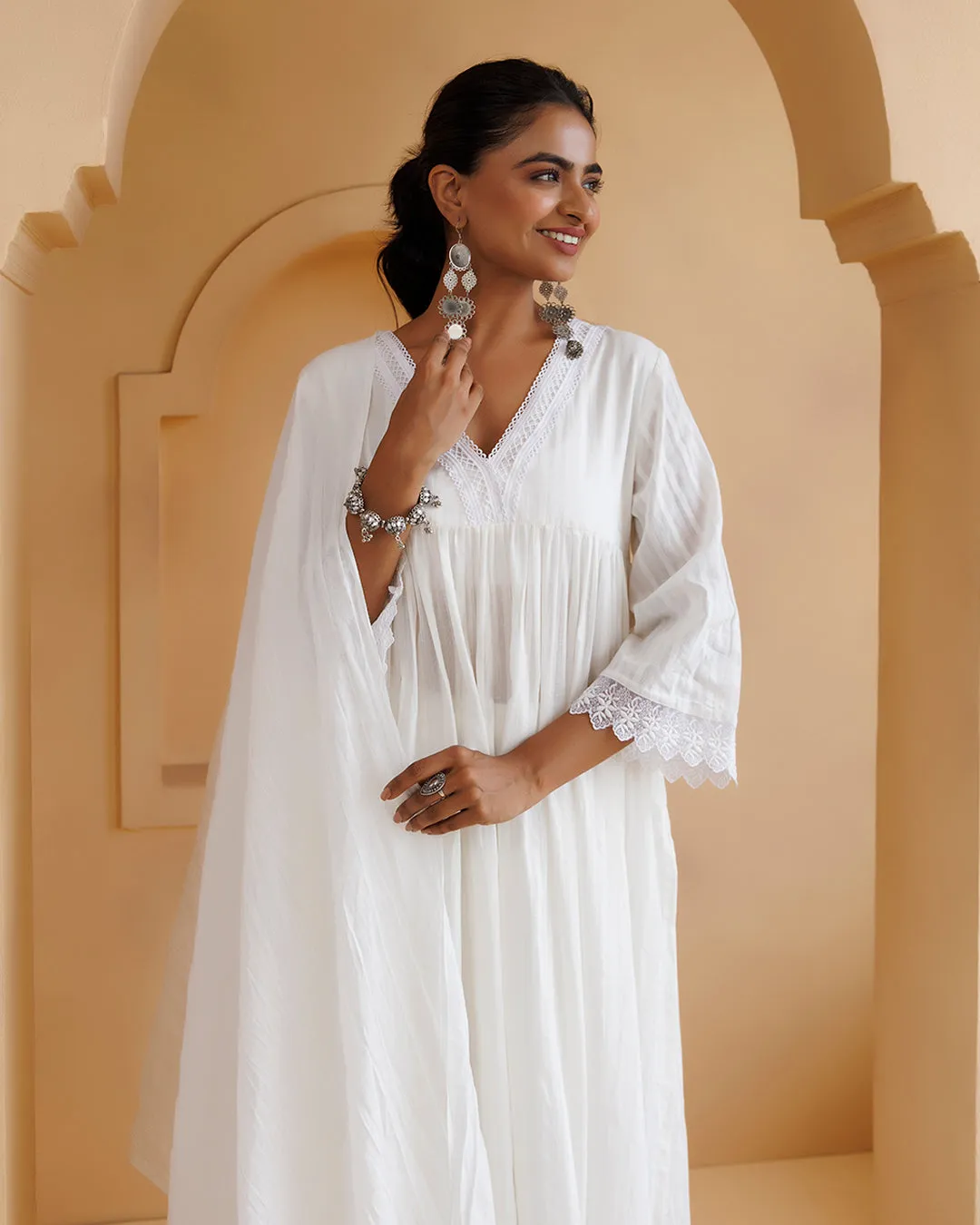 Ghazal White Lino Mul Gathered Lace Suit Set