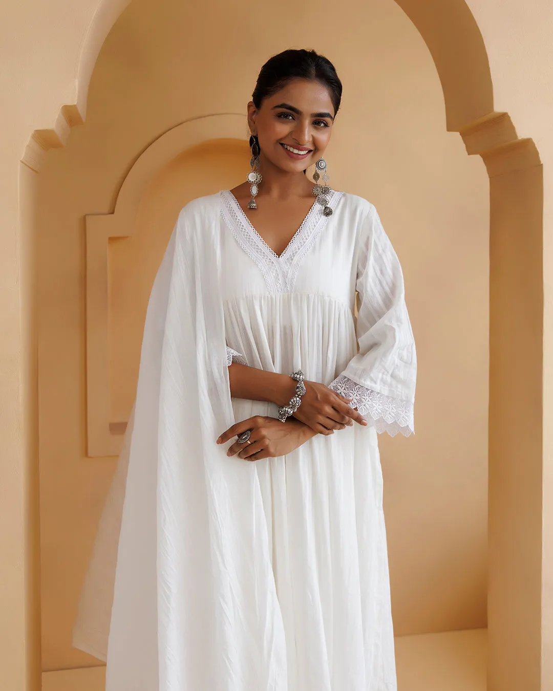 Ghazal White Lino Mul Gathered Lace Suit Set