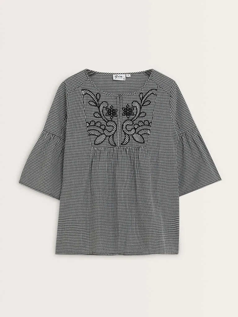 Gia Black Gingham Checkered Cotton Top