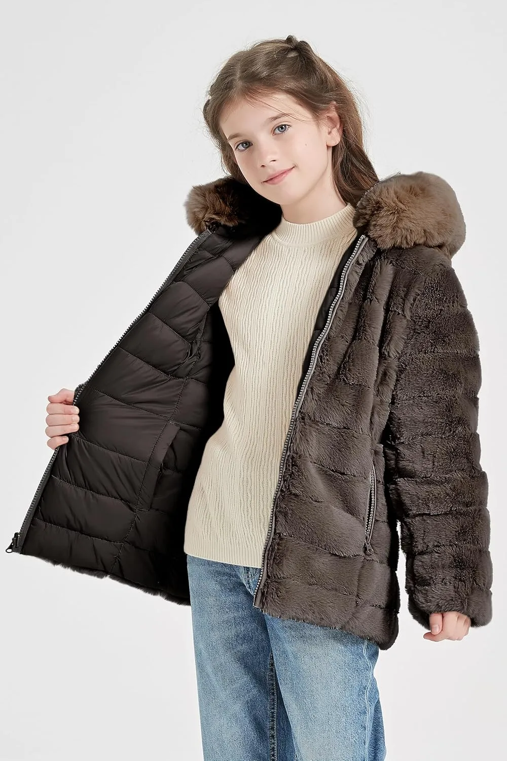 Giolshon Girls Faux Fur Fleece Jacket Sherpa Fuzzy Hoodie Winter Coat with Full Zip Fluffy Outerwear 2169