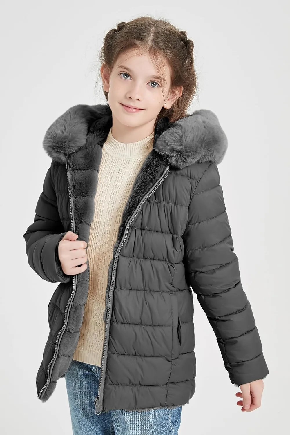 Giolshon Girls Faux Fur Fleece Jacket Sherpa Fuzzy Hoodie Winter Coat with Full Zip Fluffy Outerwear 2169