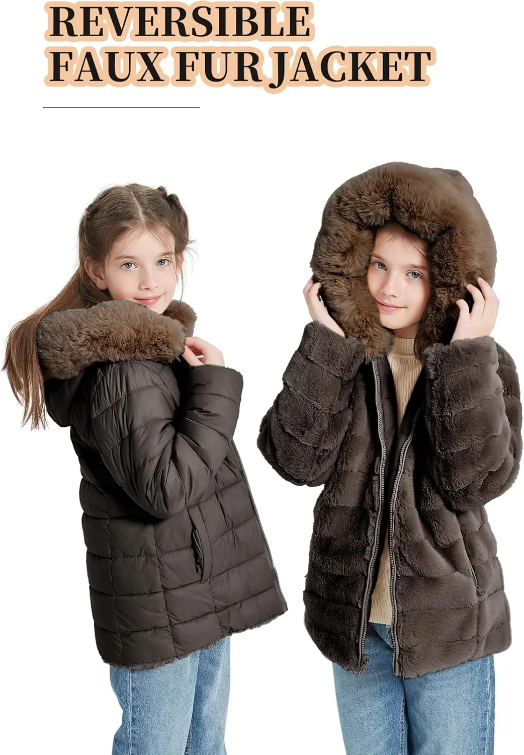 Giolshon Girls Faux Fur Fleece Jacket Sherpa Fuzzy Hoodie Winter Coat with Full Zip Fluffy Outerwear 2169