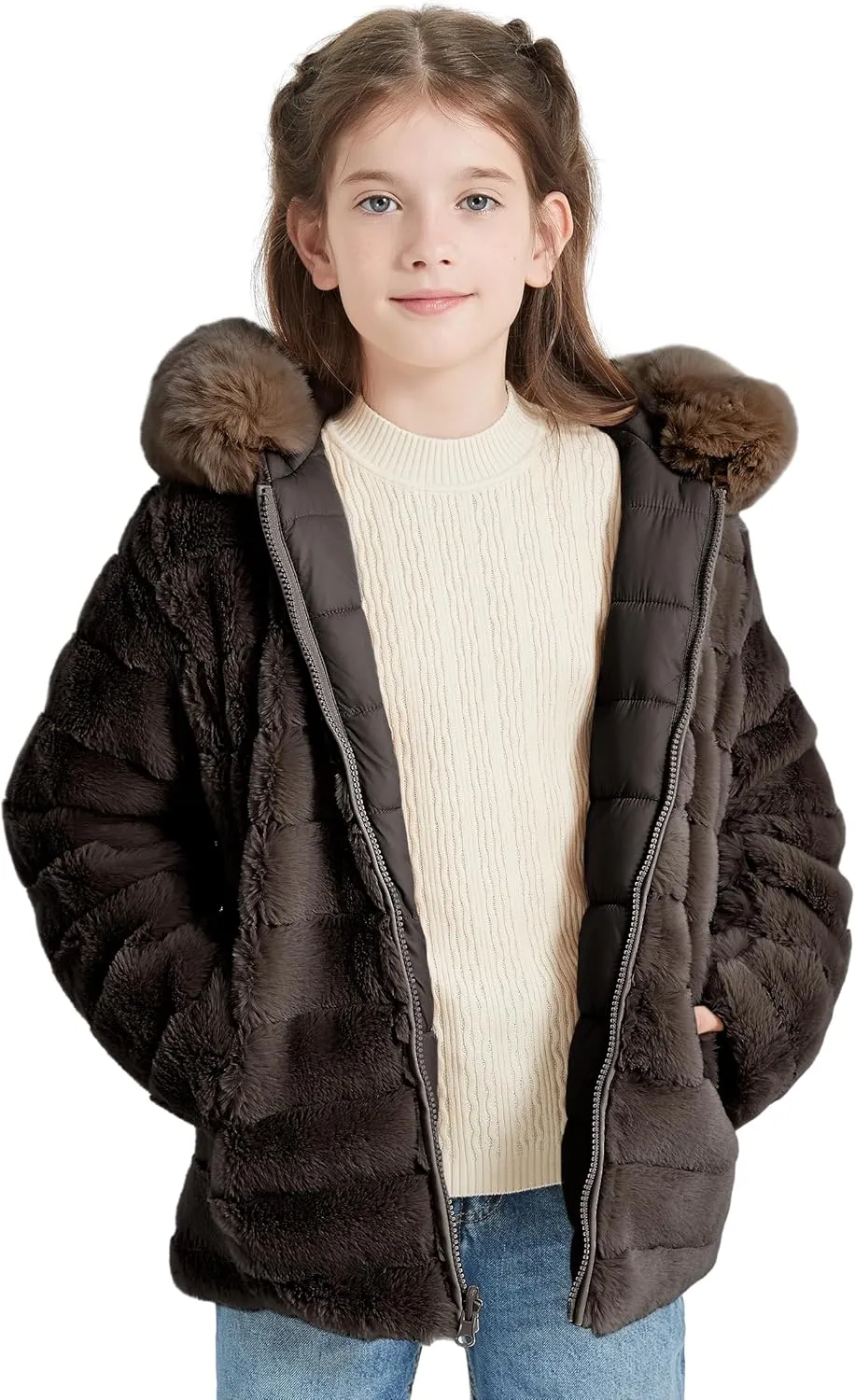 Giolshon Girls Faux Fur Fleece Jacket Sherpa Fuzzy Hoodie Winter Coat with Full Zip Fluffy Outerwear 2169