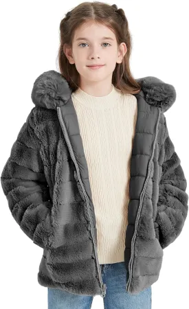 Giolshon Girls Faux Fur Fleece Jacket Sherpa Fuzzy Hoodie Winter Coat with Full Zip Fluffy Outerwear 2169