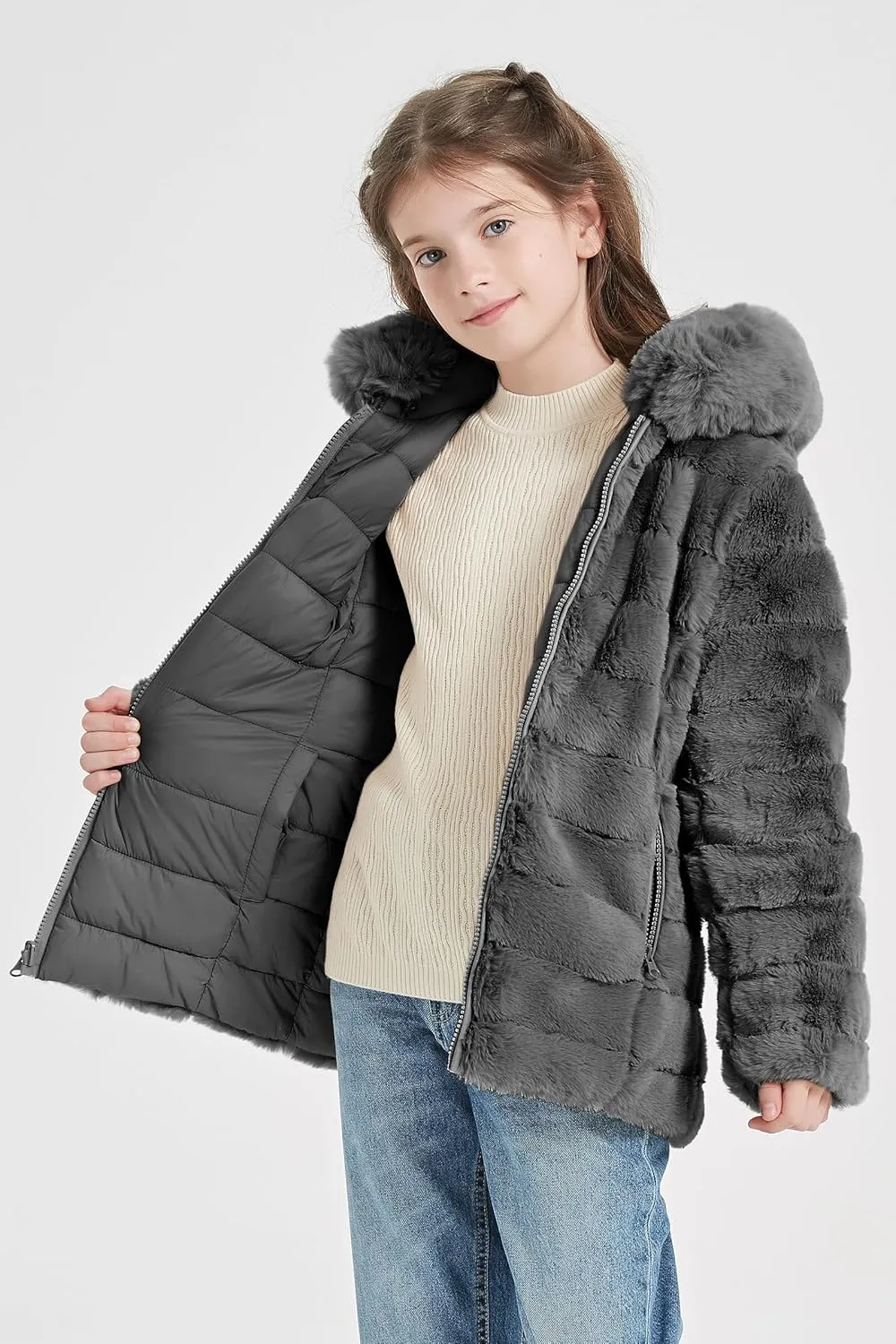 Giolshon Girls Faux Fur Fleece Jacket Sherpa Fuzzy Hoodie Winter Coat with Full Zip Fluffy Outerwear 2169