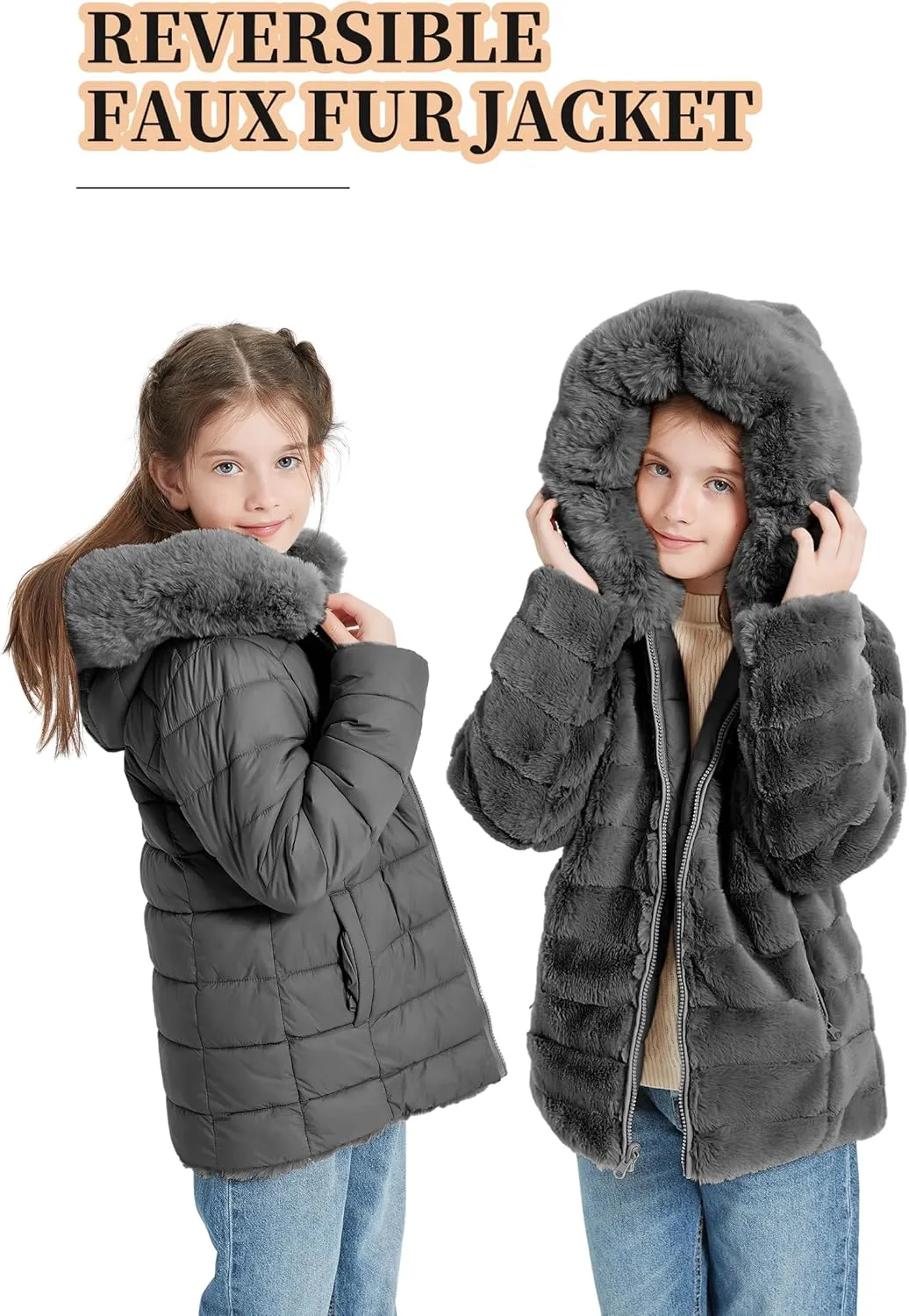 Giolshon Girls Faux Fur Fleece Jacket Sherpa Fuzzy Hoodie Winter Coat with Full Zip Fluffy Outerwear 2169